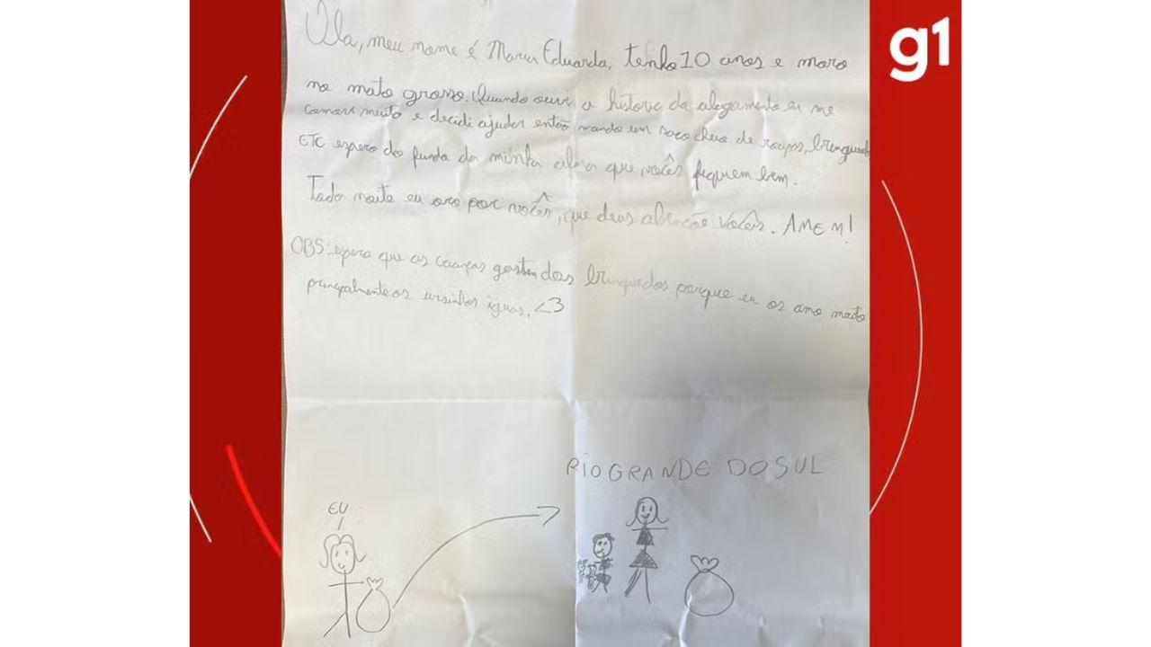 Criança de MT emociona voluntários com carta e doação para vítimas de tragédia no RS: 'Oro por vocês'