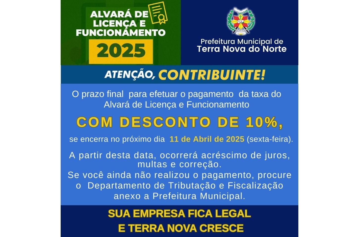 Contribuintes têm até 11 de Abril para pagar Alvará com Desconto em Terra Nova do Norte